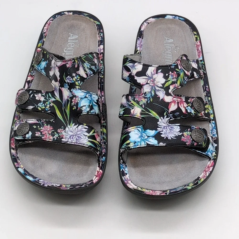 Alegria Shoes Womens Dinah Black Flora EUR 39 Leather Sandals Slide Wedge NEW